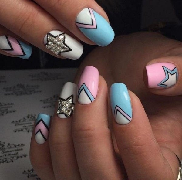 Pastel Colored Starry Geometric Nail Art