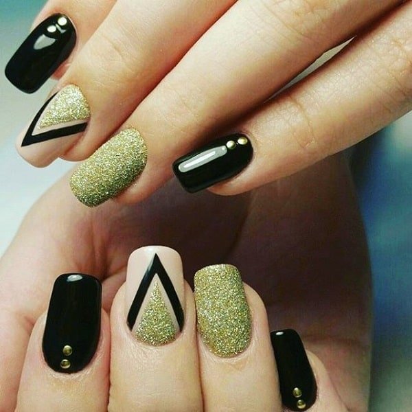 Sparkly Black and Gold Geometric Nail Art