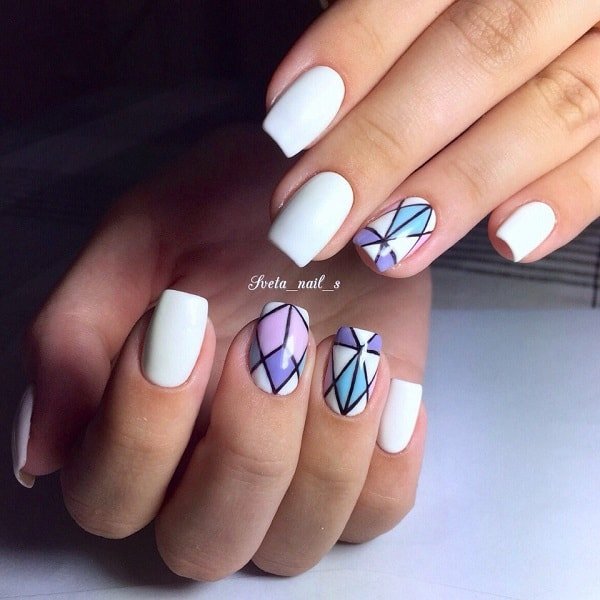 White, Pink, Purple and Blue Geometric Nail Art Design
